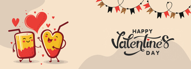 Happy Valentine's Day Banner Design With Cheerful Cocktail Glasses Couple Cheering, Hearts On Beige Background.