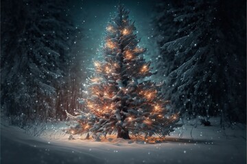 Christmas tree, snowflakes and magic bokeh lights glowing in winter forest at night. New year eve holiday in winter wonderland. Xmas greeting card background and wallpaper