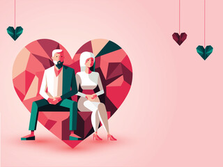Young Couple Character In Sitting Pose And Polygon Hearts On Pink Background. Happy Valentine's Day Concept.