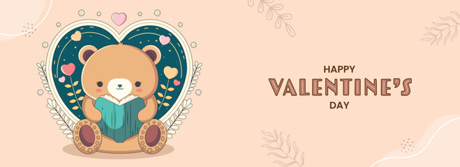 Happy Valentine's Day Concept With Cute Teddy Bear Reading A Book, Hearts And Leaves On Pastel Peach Background.