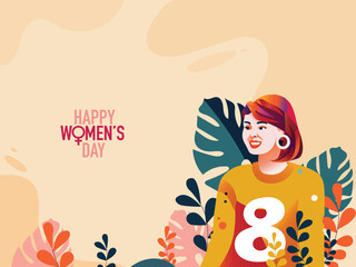 Happy Women's Day Concept With Cheerful Young Girl Character On Colorful Tropical Leaves Background.