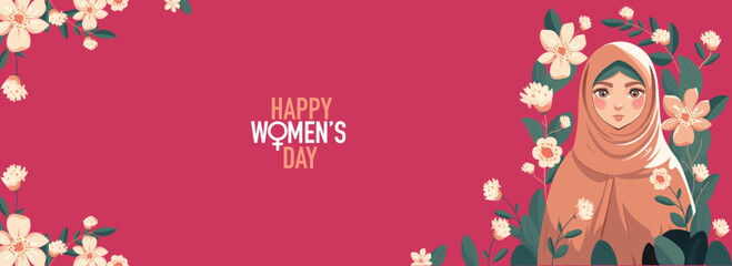Happy Women's Day Concept With Muslim Young Girl Character Wearing Hijab On Floral Decorated Background.
