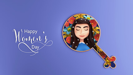 Happy Women's Day Concept, Creative Venus Symbol With Young Girl Character And Florals On Blue Background. 3D Render.