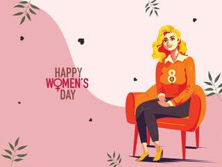 Happy Women's Day Concept With Cheerful Fashionable Young Girl Character Sitting At Armchair On Pink Background.