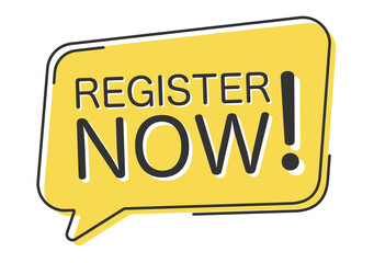 Register now comic speech bubble in pop art style. Comic speech. Dialog window. Yellow banner for sale.