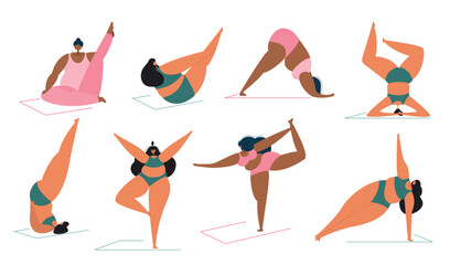 Fototapeta na wymiar Set with body positive women do YOGA or fitness. Headstend, boat pose, dolphin pose and other. PLUS size women is NORMAL. Can be used for self care social projact.