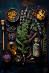 Top view still life alternative medicine with natural herbal remedies, flowers, essential oils and healing crystals. Homeopathic ingredients and natural medicines. Ai generated - obrazy, fototapety, plakaty