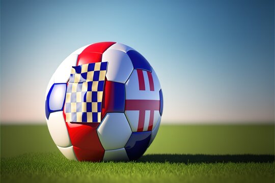 Croatia vs France flag soccer shield with football ball on a grass podium.