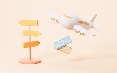 Airplane and tickets in the yellow background, Tourism theme , 3d rendering.