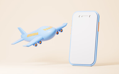 Airplane and mobile phone in the yellow background, Online booking and travel themes, 3d rendering.