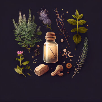 bottle, flowers and herbs