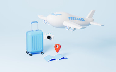 Airplane and luggage in the blue background, Travel theme, 3d rendering.