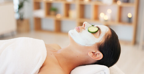 Beauty, skincare and luxury spa face mask for woman at professional salon for anti aging treatment...
