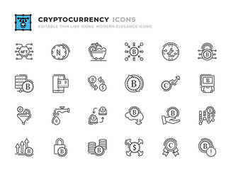 Editable Cryptocurrency icons set. Thin line outline icons such as centralized, genesis, private, data mining, payment method, exchange, transaction, value, atm, investment, spending vector