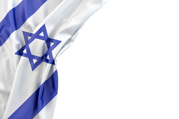 Flag of Israel in the corner on white background. Isolated. 3D illustration. Isolated