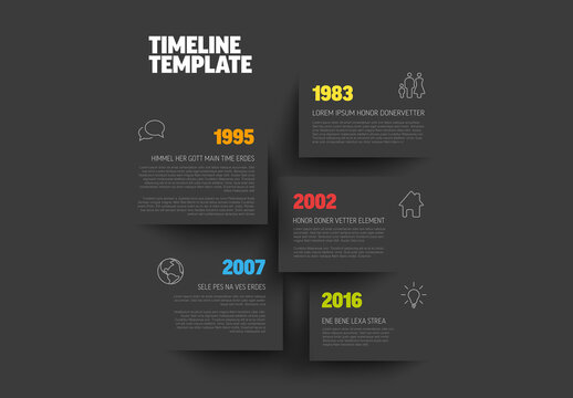 Simple dark minimalistic vertical timeline template on dark gray paper blocks with shadows