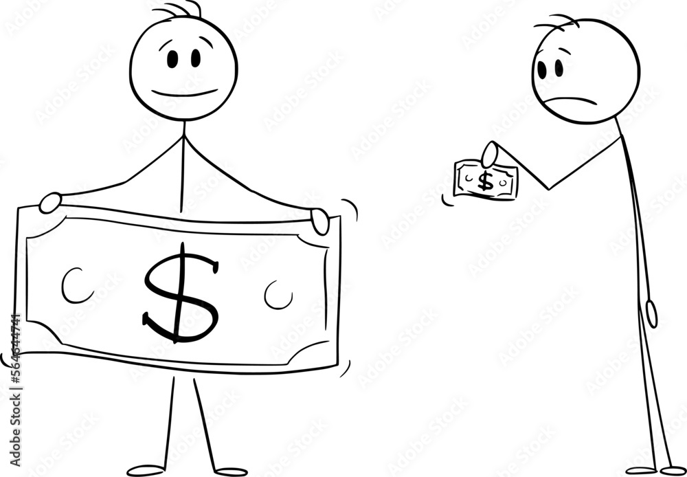 Sticker Two Persons Holding Money, Vector Cartoon Stick Figure Illustration