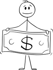 Person Holding Dollar Bill, Vector Cartoon Stick Figure Illustration