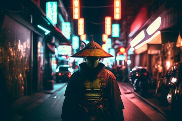 Samurai in the middle of street with blurred neon lights at night on background. AI digital illustration.