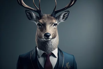 Zelfklevend Fotobehang Photorealistic portrait of a noble deer dressed in a stylish business suit, stylish desktop wallpaper, poster, interesting account avatar, for example, for online games and not only business. AI © Илля Вакулко