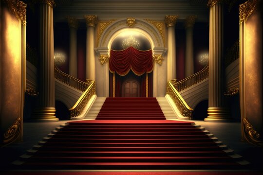 Red carpet with grand VIP staircase, high-definition image, luxury, ceremony, prestige, entertainment, success, wealth, superiority, castle, palace, career, reach the top, self-development, gold. AI