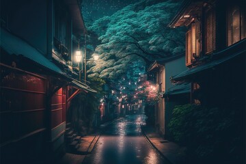 Chinese City at night Illustration. Genarated AI