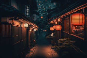 Chinese City at night Illustration. Genarated AI