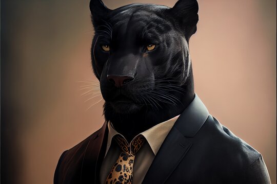 Portrait of a panther dressed in a formal business suit. Generative AI