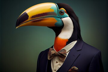 Portrait of a Toucan dressed in a formal business suit. Generative AI