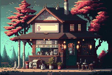 Pixel art coffee shop in park with trees, facade of old coffee shop, background in retro style for 8 bit game, Generative AI	