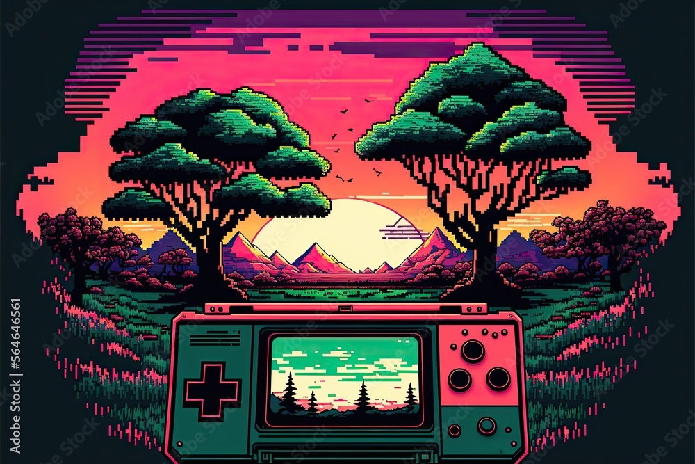 Wall mural Pixel art old video game console in landscape, background in retro style for 8 bit game, Generative AI