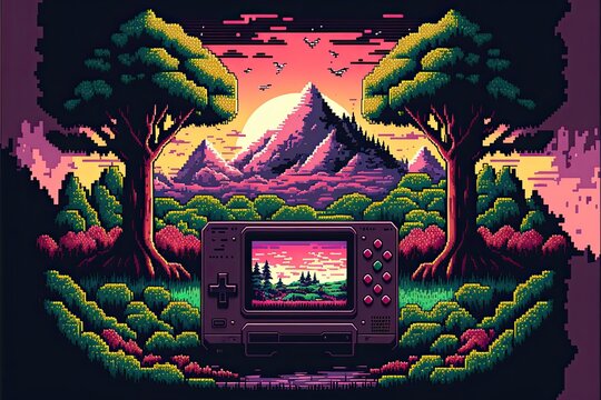 Fototapeta Pixel art old video game console in landscape, background in retro style for 8 bit game, Generative AI