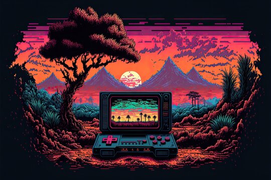 Pixel art old video game console in landscape, background in retro style for 8 bit game, Generative AI