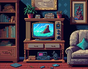 Pixel art TV room of old house, antique furniture, background in retro style for 8 bit game, Generative AI	