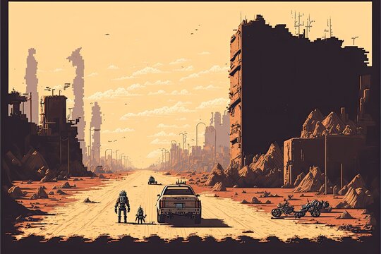 Pixel art destroyed city in post-apocalyptic world, background in retro style for 8 bit game, Generative AI