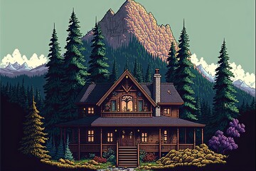 Pixel art wooden modern house in the mountains with snow and pine trees, landscape background in retro style for 8 bit game, Generative AI