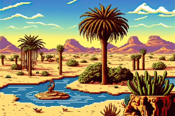 Naklejka na ściany i meble Pixel art oasis in the desert, landscape background in retro style for 8 bit game, Generative AI