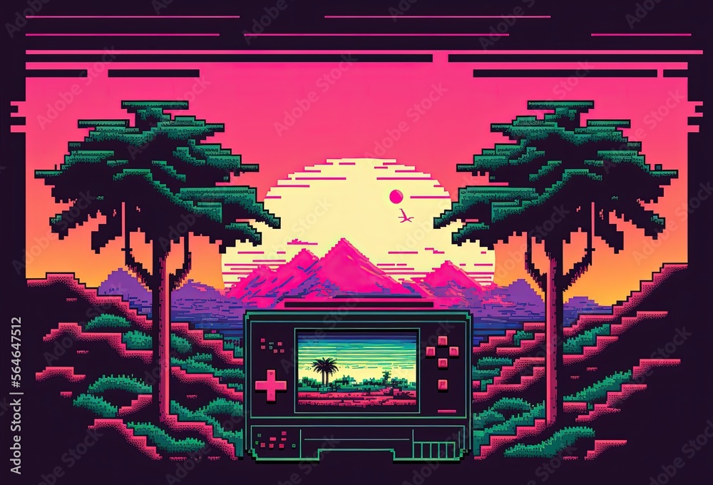 Wall mural Pixel art old video game console in landscape, background in retro style for 8 bit game, Generative AI