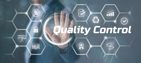 Businessman testing quality standards control assurance. Business technology, certification concept.