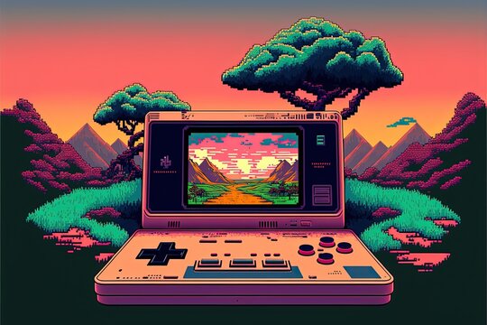 Pixel art old video game console in landscape, background in retro style for 8 bit game, Generative AI