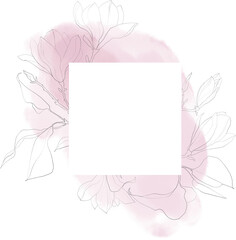 Watercolor square frame with graphic magnolias, pink floral watercolor frame