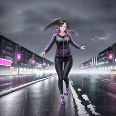 Fototapeta na wymiar beautiful girl, with athletic figure, running down the street of the city, rain, facial view, fantasy, ai