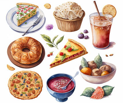 watercolor illustration with detailed food objects