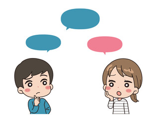 An illustration of the upper body of people talking, with a speech bubble.