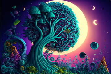 An illustration of a colorful and trippy fantasy nature scene, depicting swirling trees in a vibrant and dreamlike landscape. Generative AI