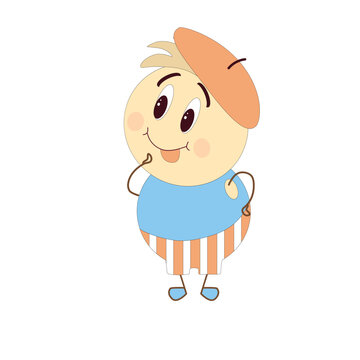 Curious character in blue top, striped shorts and orange hat. Cartoon vector illustration.