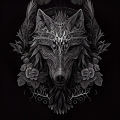 Portrait of intricate wolf in gray color and floral pattern design, generative ai