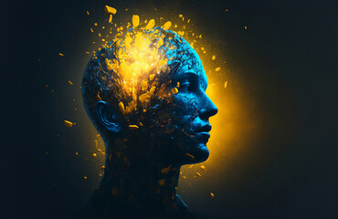blue human head with yellow explosion of energy on dark background