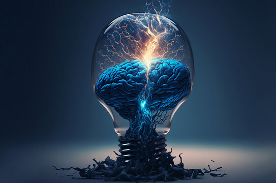 human head in the form of a light bulb on a dark background, the concept of creating an idea