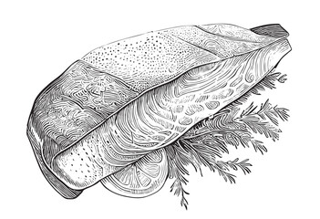 Salmon fish steak with lemon and greenery retro sketch hand drawn line art Vector illustration
